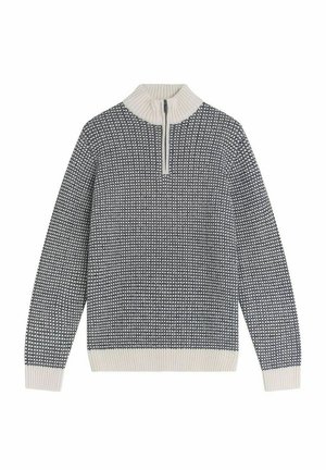 Sweter o pół zamku w czarno-białym wzorze, z prążkowanym kołnierzem, mankietami i dolnym wykończeniem w kolorze off-white.