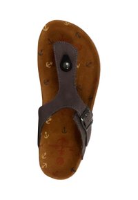 Bruine faux leren sandaal met een teenpostontwerp, uitgevoerd met een decoratieve knop en een textuurzool met ankerpatronen in verschillende kleuren.