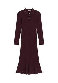 Burgundy neulepuku, jossa on pitkät hihat, kauluksellinen pääntie ja viisi nappikoristetta. Laaja helma lisää arvokasta siluettia.