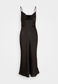 Robe nuisette en satin noir avec fines bretelles réglables, encolure drapée, silhouette ajustée et ourlet évasé pour un tombé fluide.