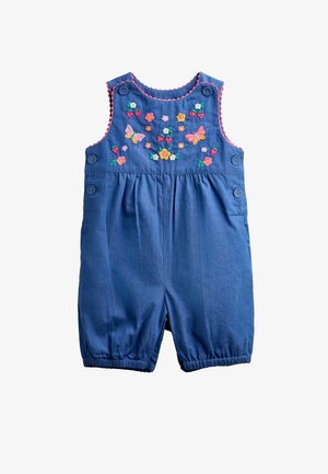 Blå babyheldragt med elastiske benåbninger, knaplukninger på skuldre og sider samt farverige broderede blomster, jordbær og sommerfugle.