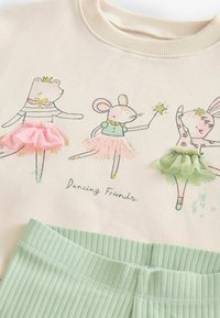 Vaaleanpunainen svettari, jossa on kuvitetut eläimet tutussa, ja vihreät leggarit, joissa on ribbitekstuuri. "Tanssivat Ystävät" -teksti suunnittelujen alla.