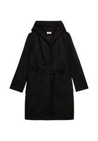 Robe nera con cappuccio, maniche lunghe, cintura in vita e due tasche frontali. Realizzata in un tessuto testurizzato, presenta un design minimalista.