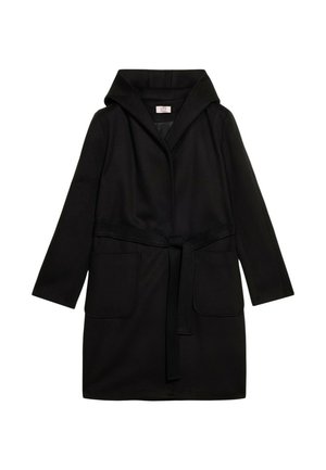 Zwarte gewatteerde robe met lange mouwen, strikceintuur en twee voorkruiszakken. Gemaakt van een gestructureerde stof, met een minimalistisch ontwerp.