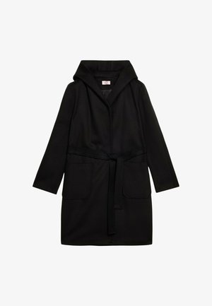 Zwarte gewatteerde robe met lange mouwen, strikceintuur en twee voorkruiszakken. Gemaakt van een gestructureerde stof, met een minimalistisch ontwerp.