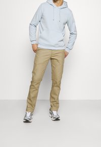 Felpa azzurro chiaro con cappuccio classico, tasca frontale e polsini a costine, abbinata a pantaloni kaki e scarpe sportive argentate.