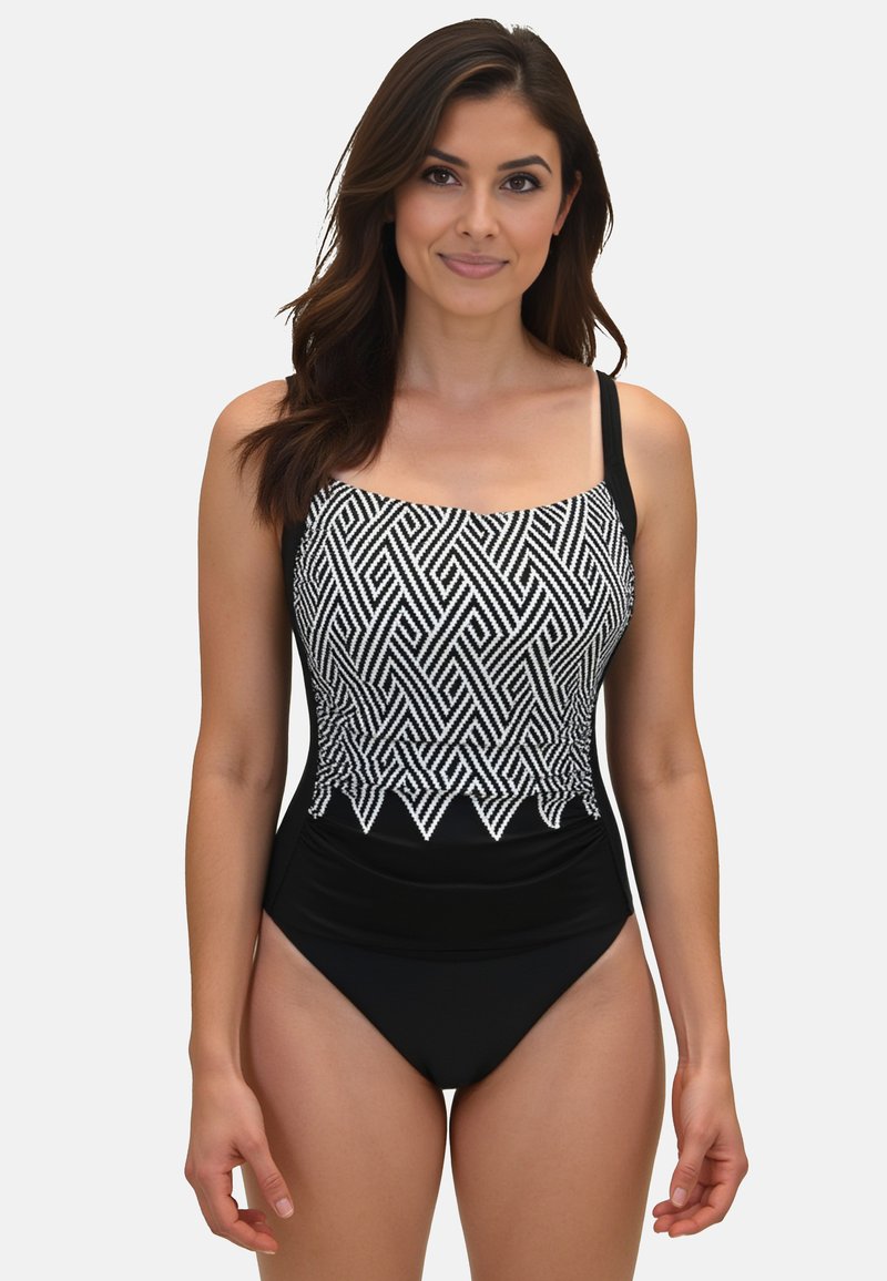 Maillot de bain noir avec un motif géométrique blanc en haut, bretelles réglables et une silhouette ajustée au toucher lisse.