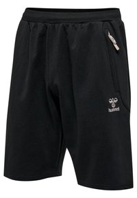 Shorts de sport noirs avec une taille élastique, des poches latérales et un logo brodé. Tissu lisse et longueur jusqu'aux genoux.