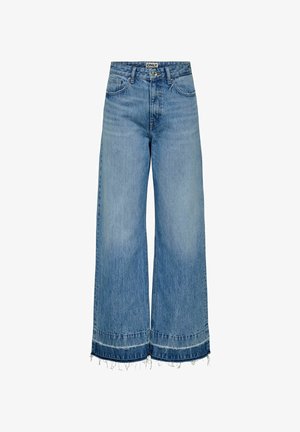 Helle blaue Schlagjeans aus Denim. Mit fransigem Saum und klassischem Fünf-Taschen-Design. Mit Knopf- und Reißverschluss.