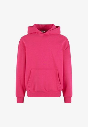 Fuchsiová mikina vyrobená z jemného materiálu, s kengurou kapsou, rebrovanými manžetami a lemom, s kapucňou na šnúrku.