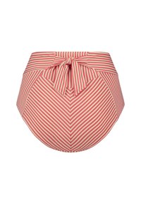 Bikini spodní díl s vysokým pasem v červenobílých pruzích, s mašlí u pasu a texturovanou tkaninou pro zvýšený styl.