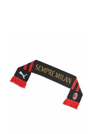 Bufanda del AC Milan en negro y rojo con el texto "SEMPRE MILAN" en dorado, logo de Puma en un extremo, escudo del AC Milan en el otro y flecos rojos.