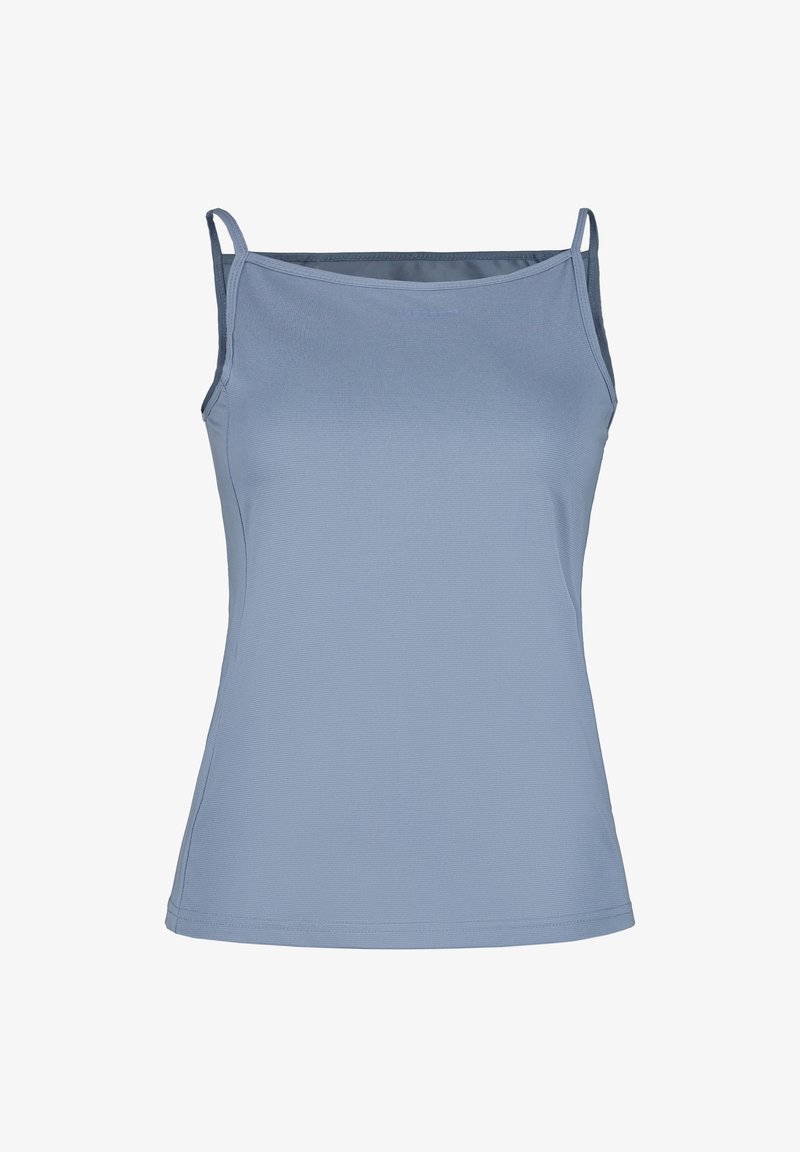 Lyseblå tætsiddende tanktop med tynde skulderstropper og en lige halsudskæring, sømløst og glat stof.