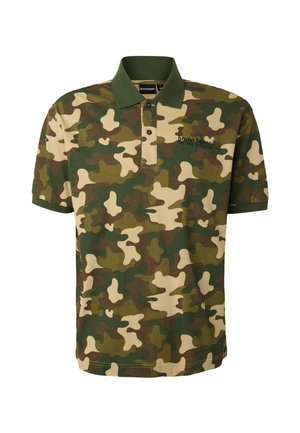 Polo pour homme à manches courtes avec motif camouflage vert, brun et beige, col vert foncé et patte de boutonnage.