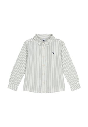 Long-sleeve button-up shirt in light green with white stripes, featuring a classic collar and a small navy logo on the chest.