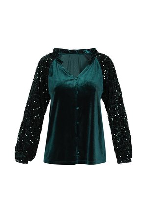 Top in velluto verde teal con maniche lunghe in paillettes nere lucide, scollo a V e bottoni frontali. Tessuto morbido e design elegante per un uso versatile.