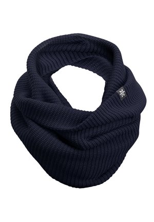 Navy knitted infinity scarf with a textured pattern. Features a small logo tag on one side. Soft, flexible fabric suitable for winter wear.