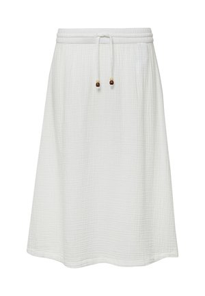 Weiße knielange Rock aus strukturierter Stoff mit elastischem Bund und Kordelzug, verziert mit Holzperlen.
