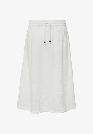 Witte, knie-lange rok van gestructureerde stof met een elastische tailleband en een trekkoord, voorzien van houten kraalaccenten.