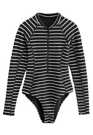 Schwarz-weiß gestreifter Langarm-Body mit Frontreißverschluss und Rundhalsausschnitt, strukturierter Strickstoff.