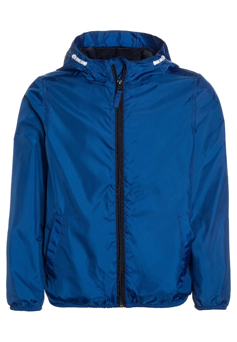 Niebieska lekka kurtka z kapturem, z przednim zamkiem błyskawicznym, elastycznymi mankietami i dołem oraz bocznymi kieszeniami.