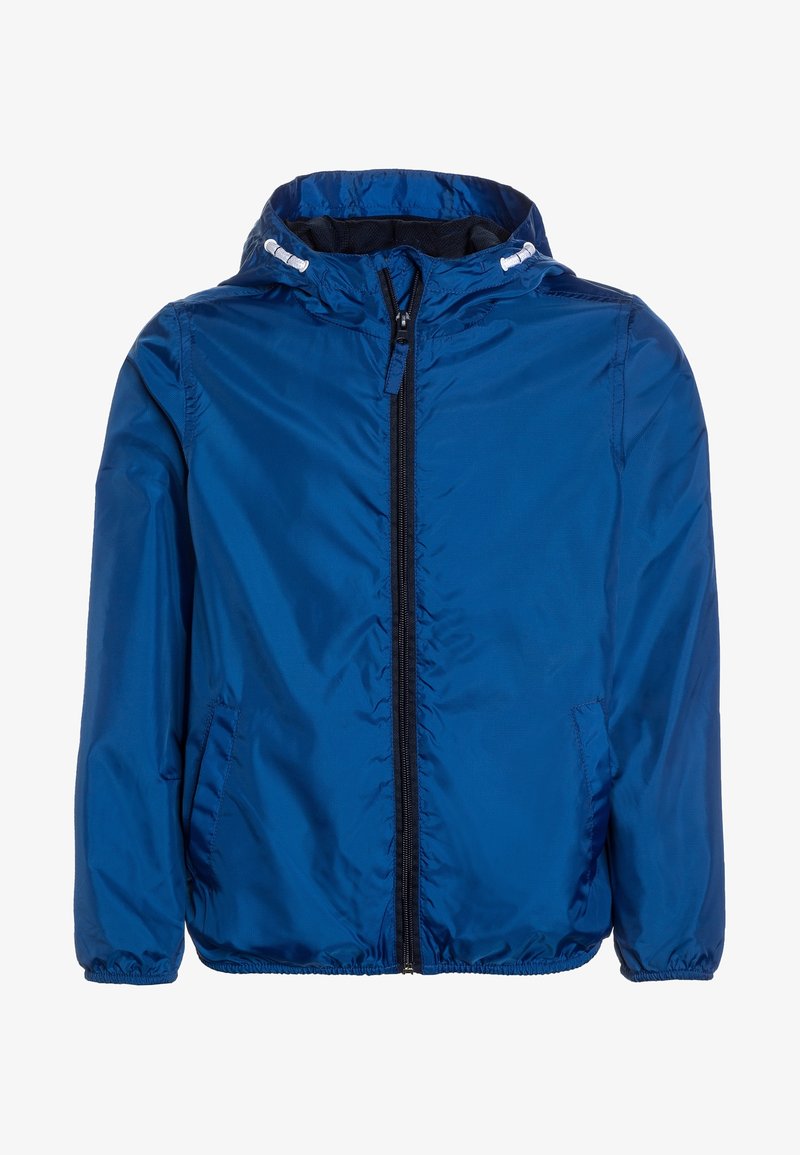 Niebieska lekka kurtka z kapturem, z przednim zamkiem błyskawicznym, elastycznymi mankietami i dołem oraz bocznymi kieszeniami.