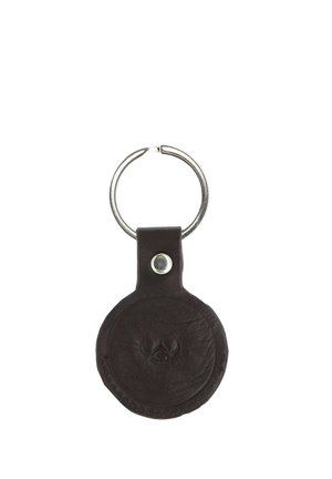 Round dark brown leather keychain with embossed pig face and silver metal split ring attached by riveted strap.