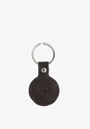 Round dark brown leather keychain with embossed pig face and silver metal split ring attached by riveted strap.
