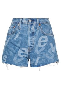 Džínové šortky v světle modré barvě se tkaným lemem. Obsahují jemný bílý potisk loga, pět kapes a standardní zapínání na knoflík.