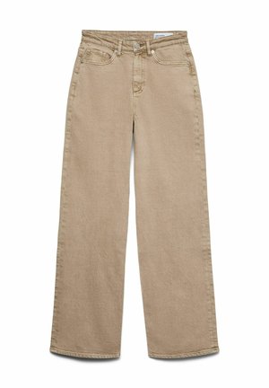 Beige Jeans mit weitem Bein aus Baumwolle, mit hohem Bund, fünf Taschen und Metallbeschlägen, mit einem weichen, strukturierten Finish.