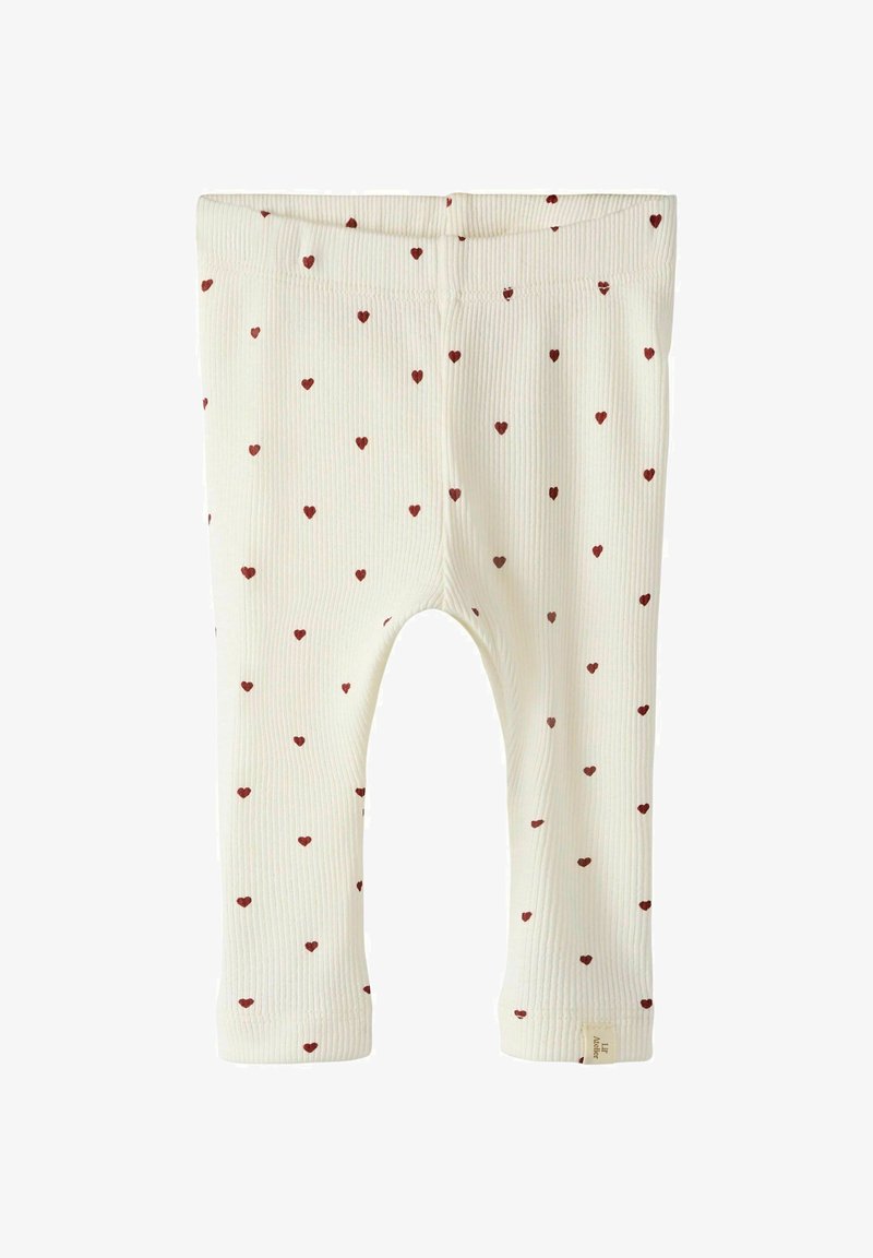 Legginsy w kolorze kremowym z prążkowaną teksturą, ozdobione małymi czerwonymi serduszkami, z szerokim pasem w talii i mankietami przy kostkach.