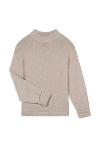 Vaaleanbeige neulepusero, jossa on korkea ribbauskangaasta valmistettu kaulus, pudotetut olkapäät ja ribbauslatex-käsivarret. Mukana pieni logo-yksityiskohta helmassa.