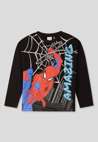 T-shirt a maniche lunghe nera con un grafico di Spider-Man in rosso e blu, con design di ragnatela bianca e il testo "AMAZING" in grassetto blu.