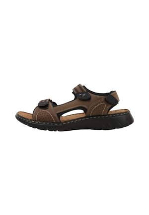 Sandalia marrón de cuero con punta abierta, tiras negras ajustables y suela acolchada, diseñada para comodidad y soporte casual.