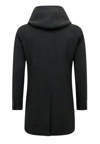Zwarte jas met capuchon, lange mouwen, slim fit, rugventilatie en knoopaccenten op de manchetten. Zachte textuur en stijlvolle uitstraling.