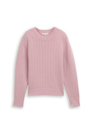 Pull en maille rose clair présentant un motif texturé avec des lignes horizontales, un col rond, ainsi que des poignets et un ourlet côtelés.