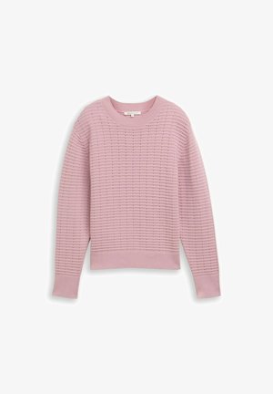 Pull en maille rose clair présentant un motif texturé avec des lignes horizontales, un col rond, ainsi que des poignets et un ourlet côtelés.
