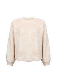 Lichtbeige fleece sweatshirt met lange mouwen, een ronde hals en ribgebreide manchetten. Zachte textuur met een gladde, korte pool.