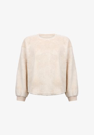 Lichtbeige fleece sweatshirt met lange mouwen, een ronde hals en ribgebreide manchetten. Zachte textuur met een gladde, korte pool.