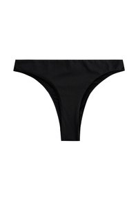 Parte de abajo de bikini negra hecha de tela lisa; presenta un corte bajo, diseño minimalista y lados delgados para un aspecto elegante.
