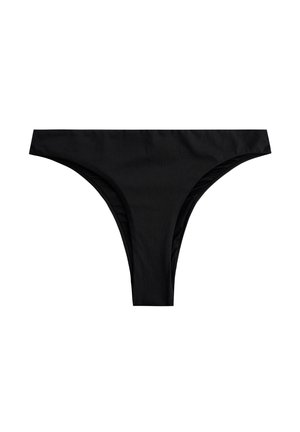 Zwarte bikinionderkant van soepel materiaal; beschikt over een lage snit, minimalistisch ontwerp en dunne zijkanten voor een slanke uitstraling.