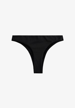Bas de bikini noir en tissu lisse ; présente une coupe taille basse, un design minimaliste et des côtés fins pour un look élégant.