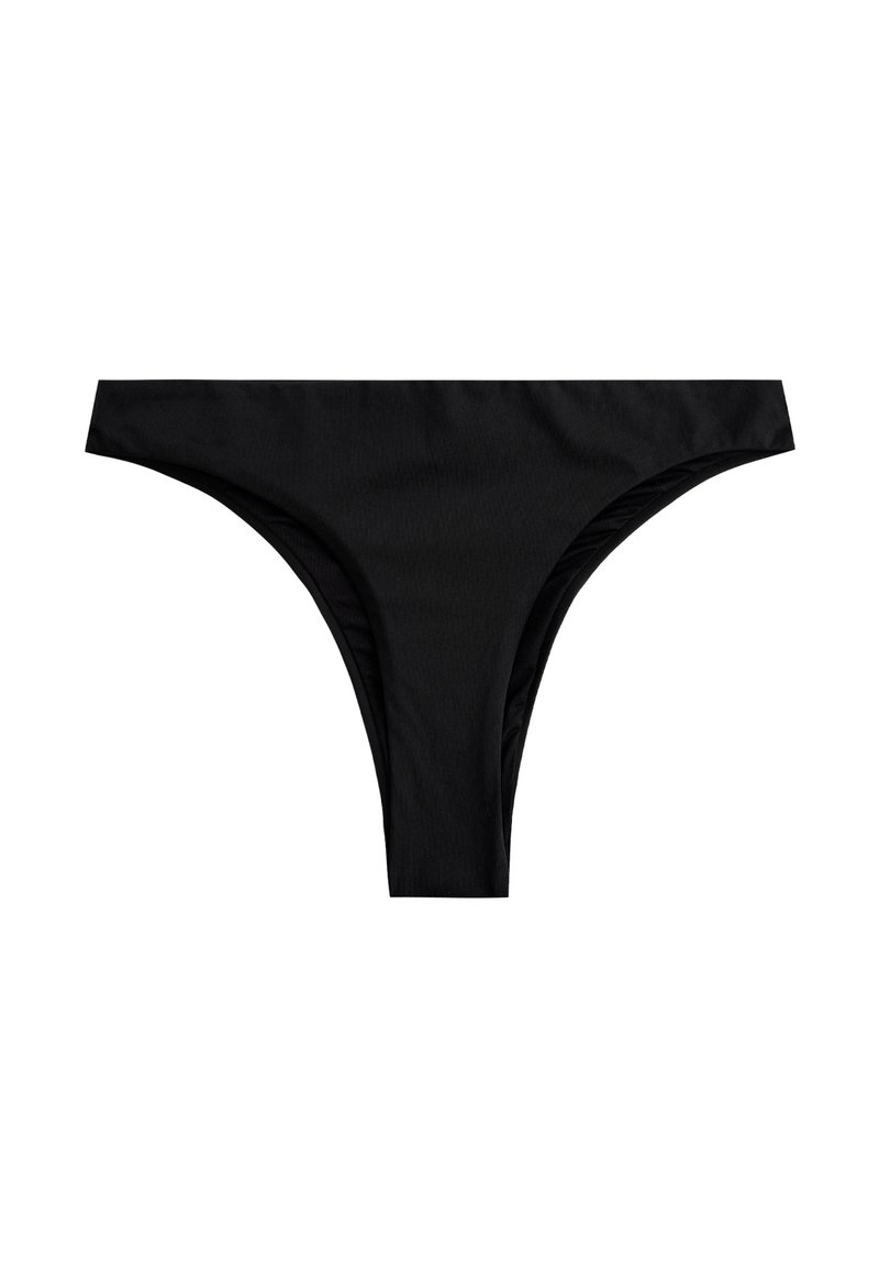 Parte de abajo de bikini negra hecha de tela lisa; presenta un corte bajo, diseño minimalista y lados delgados para un aspecto elegante.