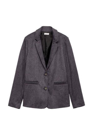 Checkered blazer in dark gray and purple tones, featuring a single-button front, notched lapels, and two front pockets. Smooth texture.