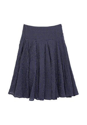 Mørkeblå plisseret nederdel med gul gittermønster, bred linning, udvidet design og midt-længde søm.