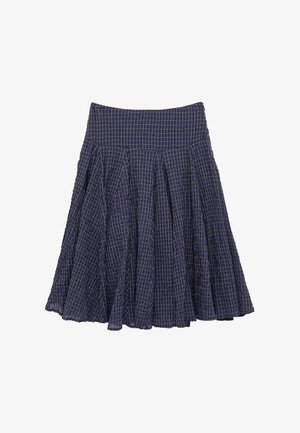 Mørkeblå plisseret nederdel med gul gittermønster, bred linning, udvidet design og midt-længde søm.
