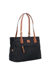 Borsa a tracolla nera in nylon con manici e dettagli in pelle beige, dotata di una tasca frontale con zip e un ampio scomparto principale.