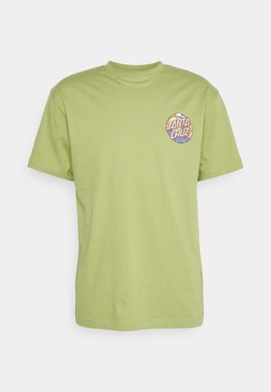 T-shirt à manches courtes vert clair avec petit logo rond multicolore "Santa Cruz" sur le côté gauche de la poitrine.