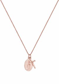 Halskæde i rosaguld med en oval vedhæng, der viser en religiøs figur og et lille kors. Kæden er delikat med en tekstureret finish.