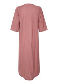 Lila Leinenkleid mit kurzen Ärmeln und abgerundetem Saum. Hat ein schlichtes Design und eine Nahtdetail auf der Rückseite.